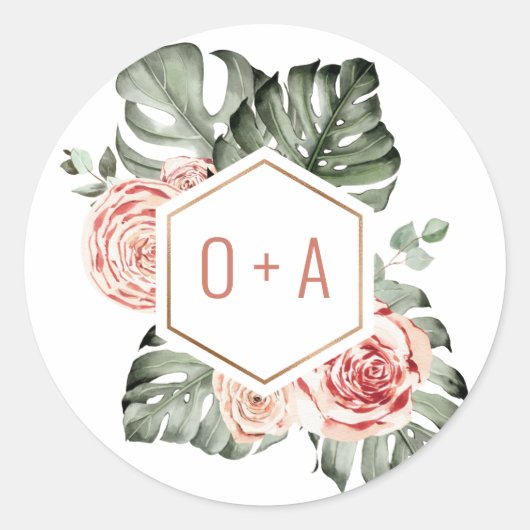 Tropisch Palm en Rozen Trouw Monogram Ronde Sticker (Voorkant)
