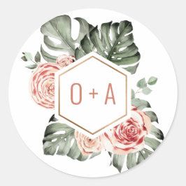 Tropisch Palm en Rozen Trouw Monogram Ronde Sticker