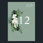 Tropisch palm en wit Florentietabel nummer -M Groe Kaart<br><div class="desc">Druk uw bruiloft of feesttafels op met uw Kaart Tropisch palm & White Floral Table Number op een groene of groene achtergrond voor een slak. Met de hand geschilde waterverf floralen en tropische groenery met een aanraking van goud vullen deze tabelnummers aan. Het is zo dicht bij de douane dat...</div>