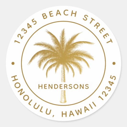 Tropisch palm Gold Round Return-adres Ronde Sticker (Voorkant)