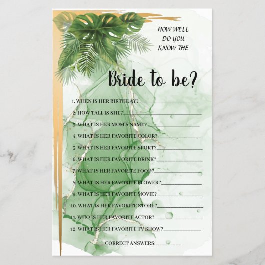 Tropisch palm Ken je het spel van de Bride Shower? Flyer (Voorkant)