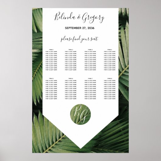 Tropisch palm laat Greenery Wedding Seding Chart a Poster (Voorkant)
