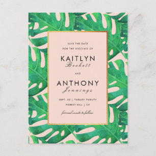 Tropisch palm laat het strand stranden om de datum aankondigingskaart