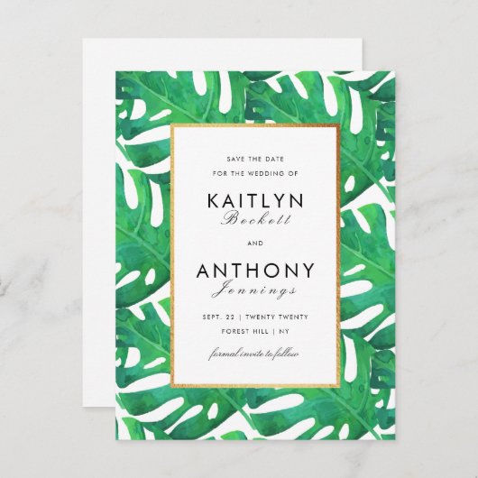 Tropisch palm laat het strand stranden om de datum aankondigingskaart (Voorkant / Achterkant)