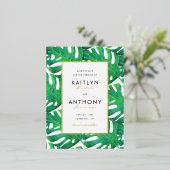 Tropisch palm laat het strand stranden om de datum folie uitnodiging briefkaart (Staand Voorkant)