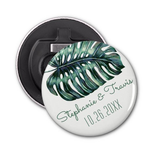 Tropisch palm Leaf Monstera Save the Date Magnet Button Flesopener (Voorkant)