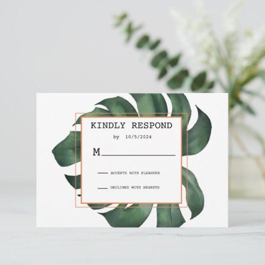 Tropisch palm Leaf Response Card RSVP (Staand voorkant)