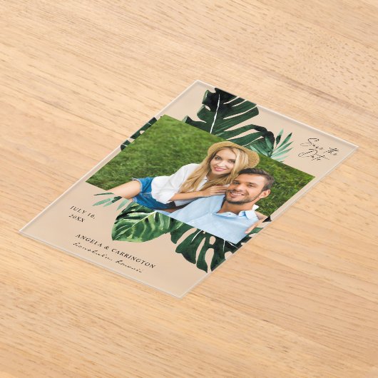Tropisch palm Leaf Save the Date Photo Acryl Uitnodigingen (Laagn)
