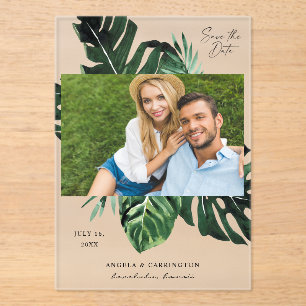 Tropisch palm Leaf Save the Date Photo Acryl Uitnodigingen