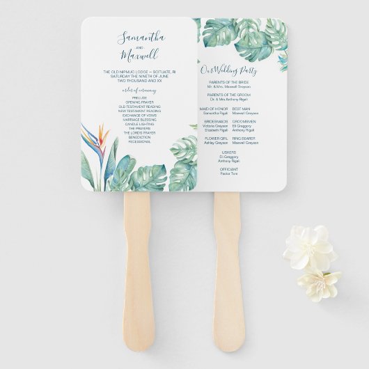 Tropisch palm Leaves Wedding Program Fan Handwaaier (Voorkant en achterkant)