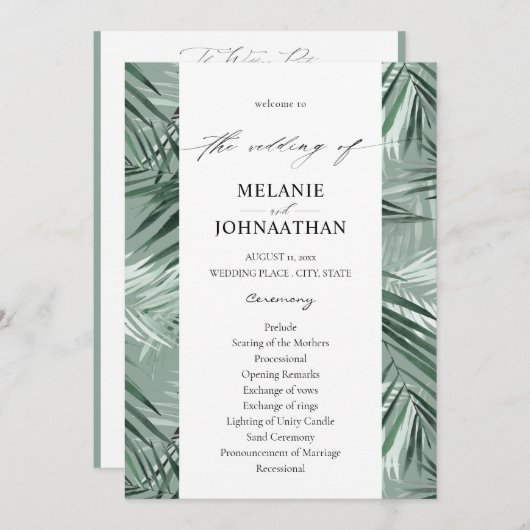 Tropisch palm Leaves Wedding Programme - Mint Gree Kaart (Voorkant / Achterkant)
