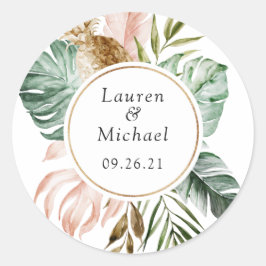 Tropisch palm leest blush Greenery Modern Wedding Ronde Sticker