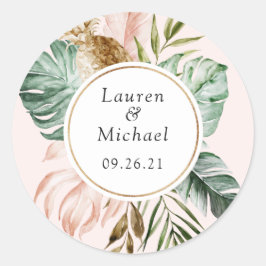 Tropisch palm leest blush Greenery Modern Wedding Ronde Sticker