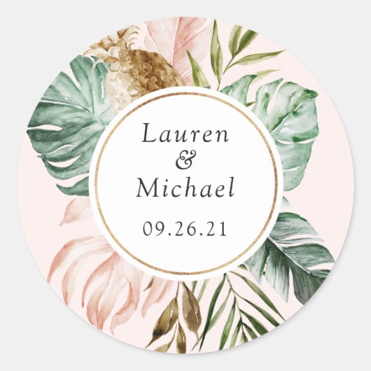 Tropisch palm leest blush Greenery Modern Wedding Ronde Sticker (Voorkant)