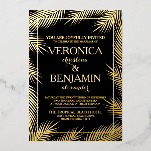 Tropisch palm leveert strandbruiloft echt folie uitnodiging (Voorkant)