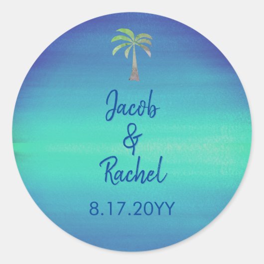 Tropisch palm met blauwe blauwe groene strand Ocea Ronde Sticker (Voorkant)