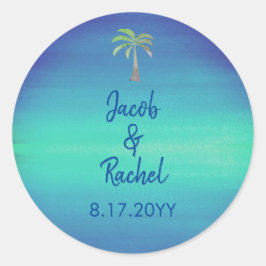 Tropisch palm met blauwe blauwe groene strand Ocea Ronde Sticker