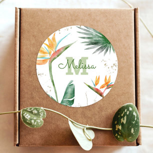 Tropisch Palm Modern Monogram Schrift Gouden Glitt Ronde Sticker