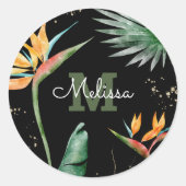Tropisch Palm Monogram Schrift Goud Glitter Zwart Ronde Sticker (Voorkant)