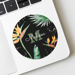 Tropisch Palm Monogram Schrift Goud Glitters Zwart Ronde Sticker