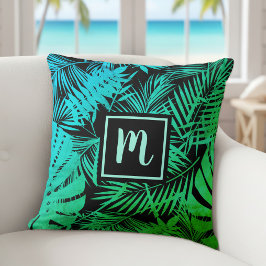 Tropisch palm monogram turquoise groene ombre vet kussen