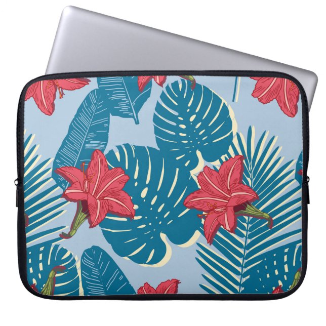 Tropisch palm naadloos bladblauw patroon laptop sleeve (Voorkant)