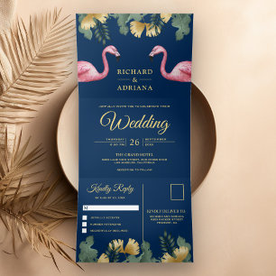 Tropisch Palm Navy Blauwe Flamingo Koppel Bruiloft Drieluik Uitnodiging