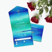 Tropisch palm Neon Blue Green Beach Ocean Wedding All In One Uitnodiging