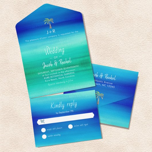 Tropisch palm Neon Blue Green Beach Ocean Wedding All In One Uitnodiging