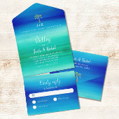 Tropisch palm Neon Blue Green Beach Ocean Wedding All In One Uitnodiging