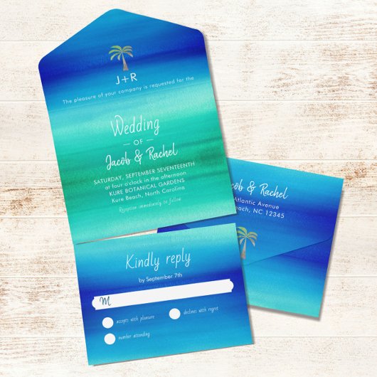 Tropisch palm Neon Blue Green Beach Ocean Wedding All In One Uitnodiging