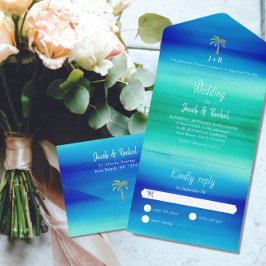 Tropisch palm Neon Blue Green Beach Ocean Wedding All In One Uitnodiging