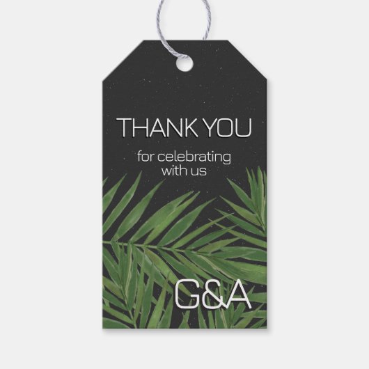 Tropisch palm Night Sky Modern Initialen Weddensch Cadeaulabel (Voorkant)
