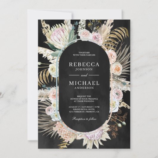 Tropisch palm Pampas Floral Black Wedding gedroogd Kaart (Voorkant)