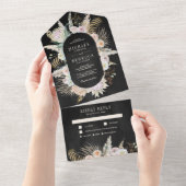 Tropisch palm Pampas Grass Floral Black Wedding All In One Uitnodiging (Afscheurbaar)