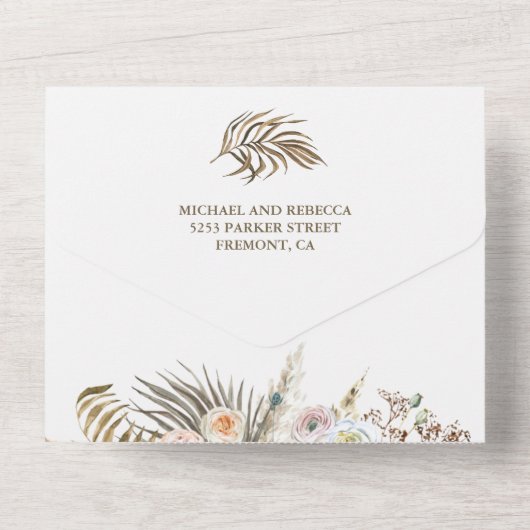 Tropisch palm Pampas Grass Floral Black Wedding All In One Uitnodiging (Achterkant)