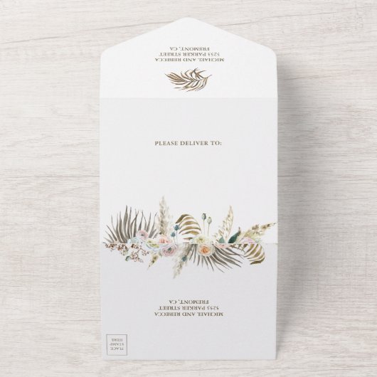 Tropisch palm Pampas Grass Floral Wedding, gedroog All In One Uitnodiging (Buitenkant)