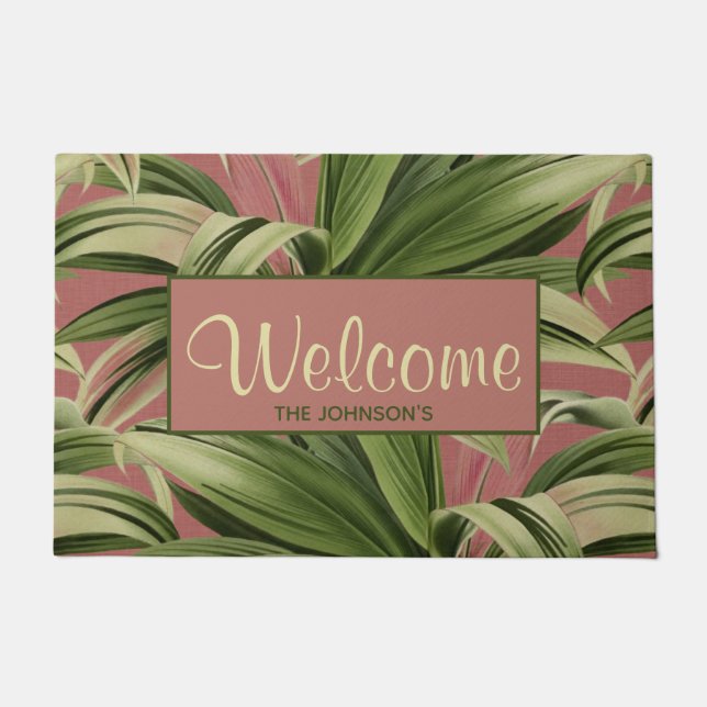  tropisch palm Roos botanische Waterverf Deurmat (Voorkant)
