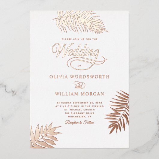 Tropisch palm Roos Gold Foil Foto Weddenschap Folie Uitnodiging (Voorkant)
