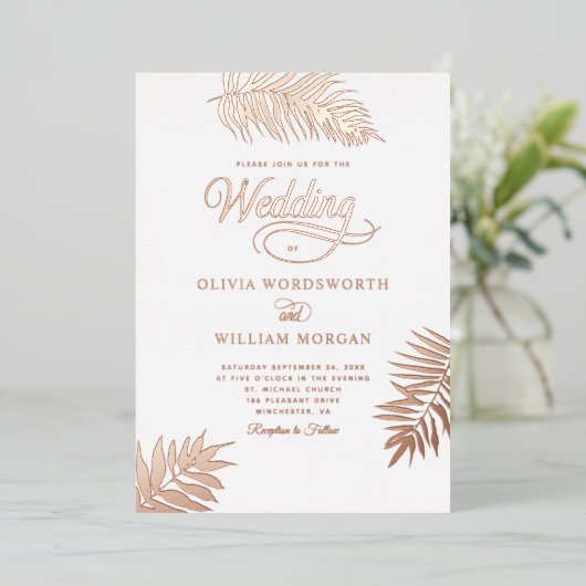 Tropisch palm Roos Gold Foil Foto Weddenschap Folie Uitnodiging (Staand Voorkant)