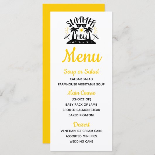 Tropisch palm Trees Yellow Beach Summer Weddenscha Menu (Voorkant / Achterkant)
