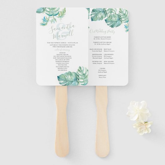 Tropisch palm vertrekt Waterverf bruiloft Handwaaier (Voorkant en achterkant)