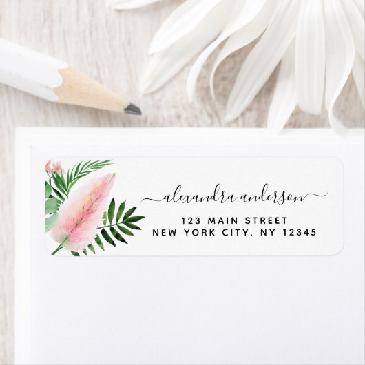 Tropisch palm Waterverf Roze groen terugkeeradres Etiket (Insitu)