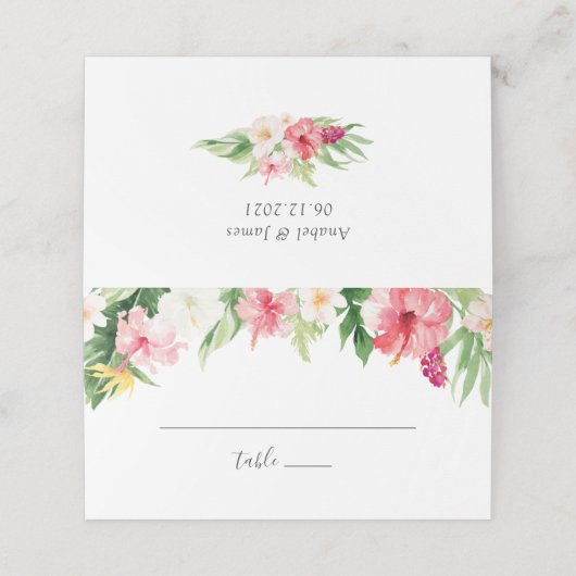 Tropisch palmbanaan lef blush Floral Wedding Plaatskaartje (Buitenkant ongevouwen)