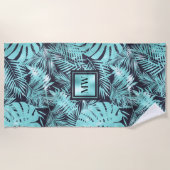 Tropisch palmblad aqua marvy blue monogram eiland strandlaken (Voorkant)