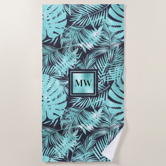 Tropisch palmblad aqua marvy blue monogram eiland strandlaken (Voorkant)