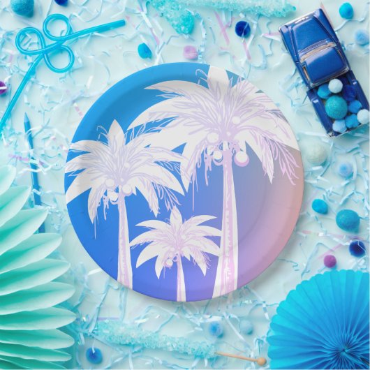 Tropisch Palmblad Aquarel Kleurrijk Blauw Roze Papieren Bordje (Feest)