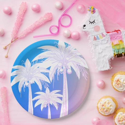 Tropisch Palmblad Aquarel Kleurrijk Blauw Roze Papieren Bordje (Feest)
