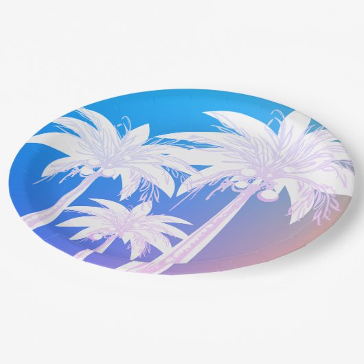 Tropisch Palmblad Aquarel Kleurrijk Blauw Roze Papieren Bordje (Gekanteld)