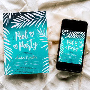 Tropisch palmblad blauw poolfeest Sweet 16 Kaart